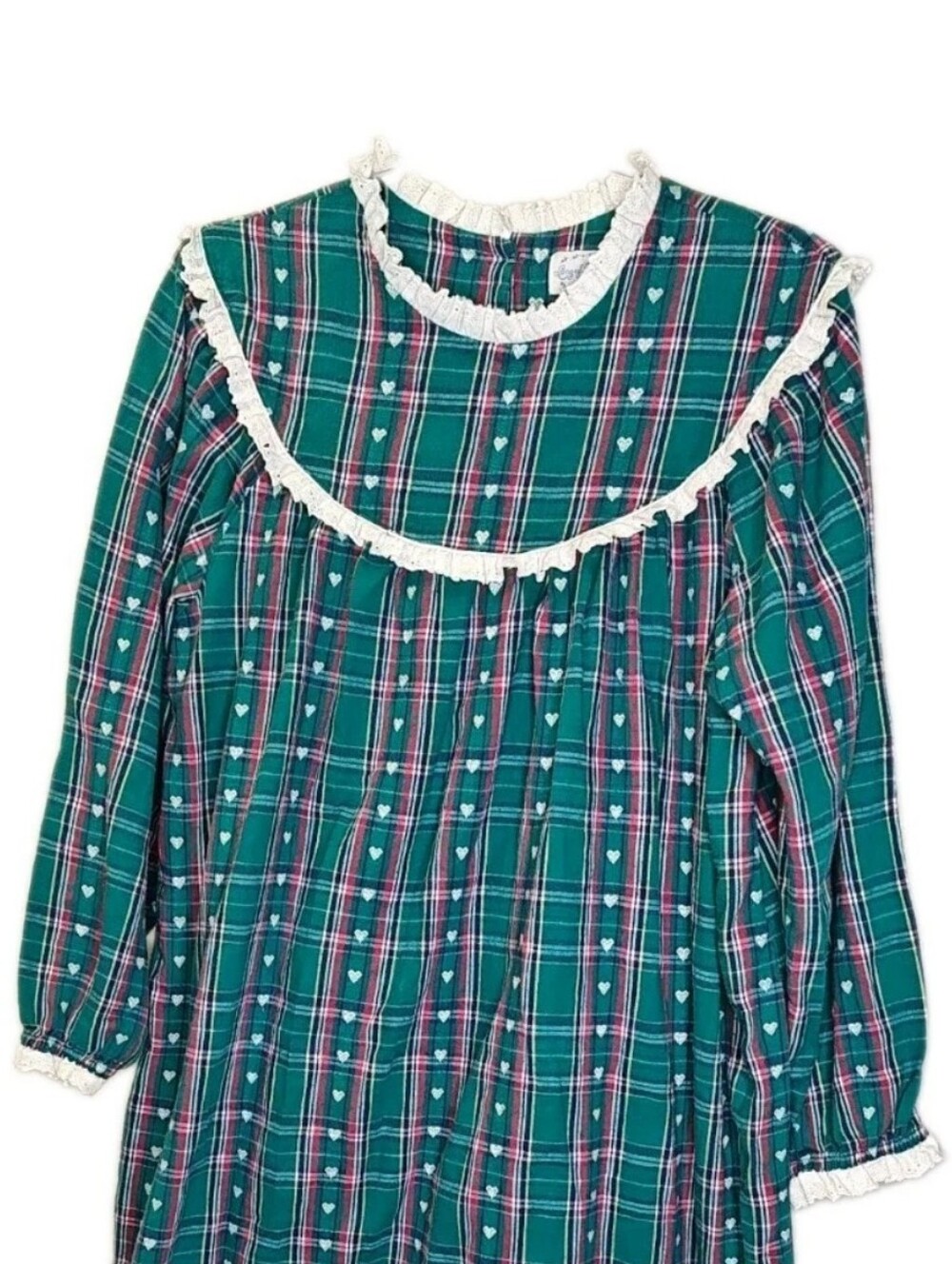 Vtg Lanz Of Salzburg Woman M Frilly Flannel Nightgown Heart Plaid Cottage Cabin